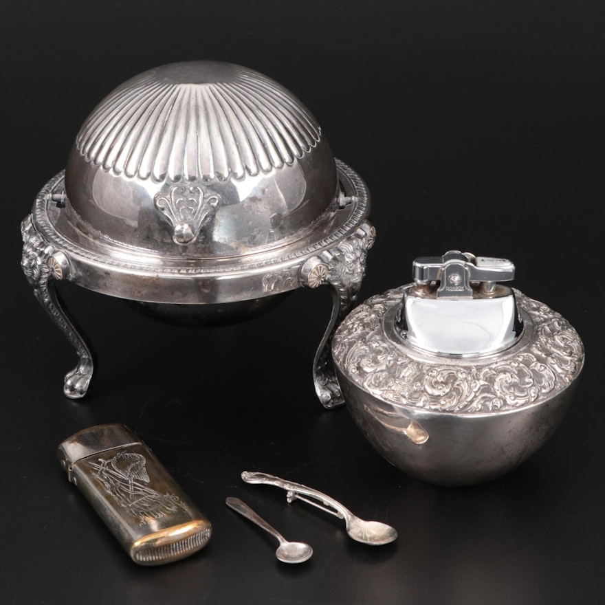 Sterling Silver Lighter with Silver Plate Vesta and Domed Caviar Server