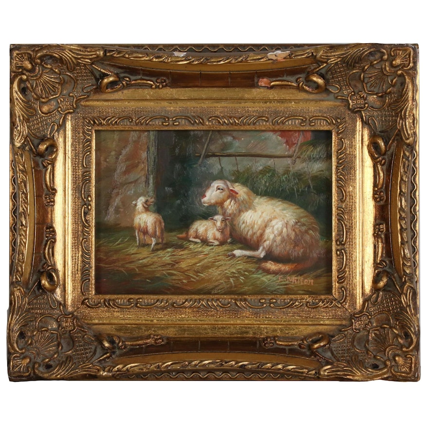 F. Milton Oil Painting of Sheep in a Pastor