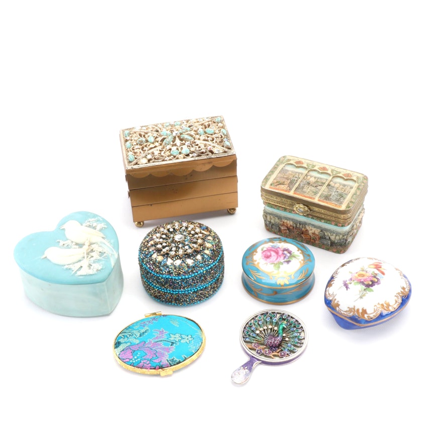 Jewelry and Trinket Box Collection with Embellished Compact Mirrors
