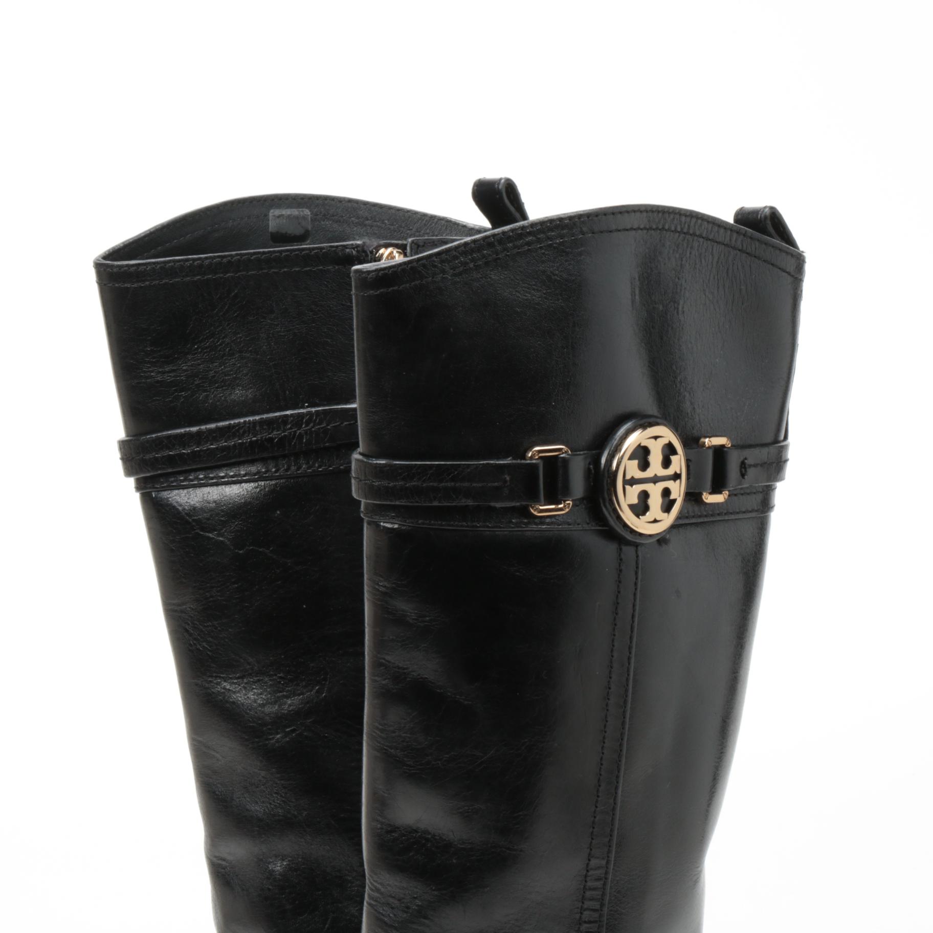 Tory Burch Logo and Buckle Strap Black Leather Calista Riding Boots