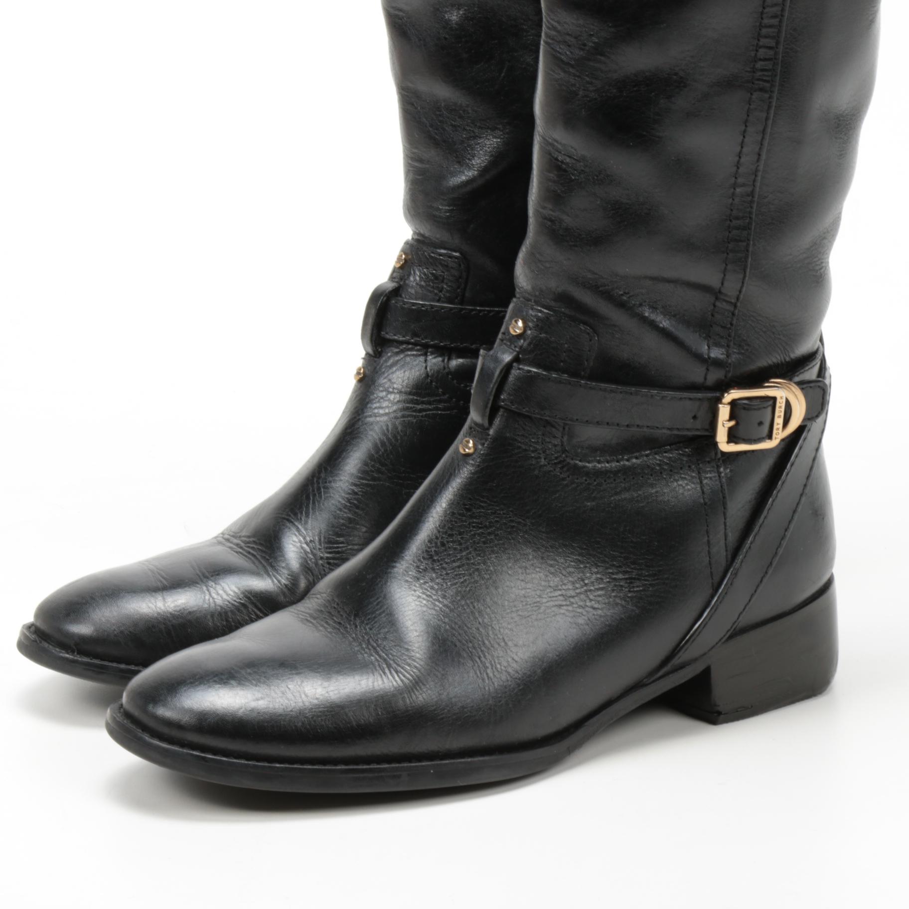 Tory Burch Logo and Buckle Strap Black Leather Calista Riding Boots