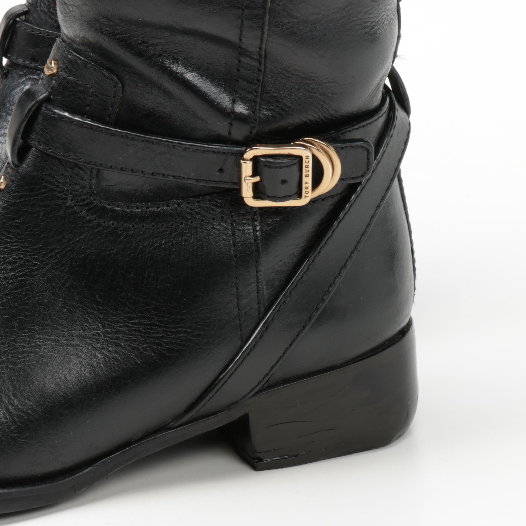 Tory Burch Logo and Buckle Strap Black Leather Calista Riding Boots