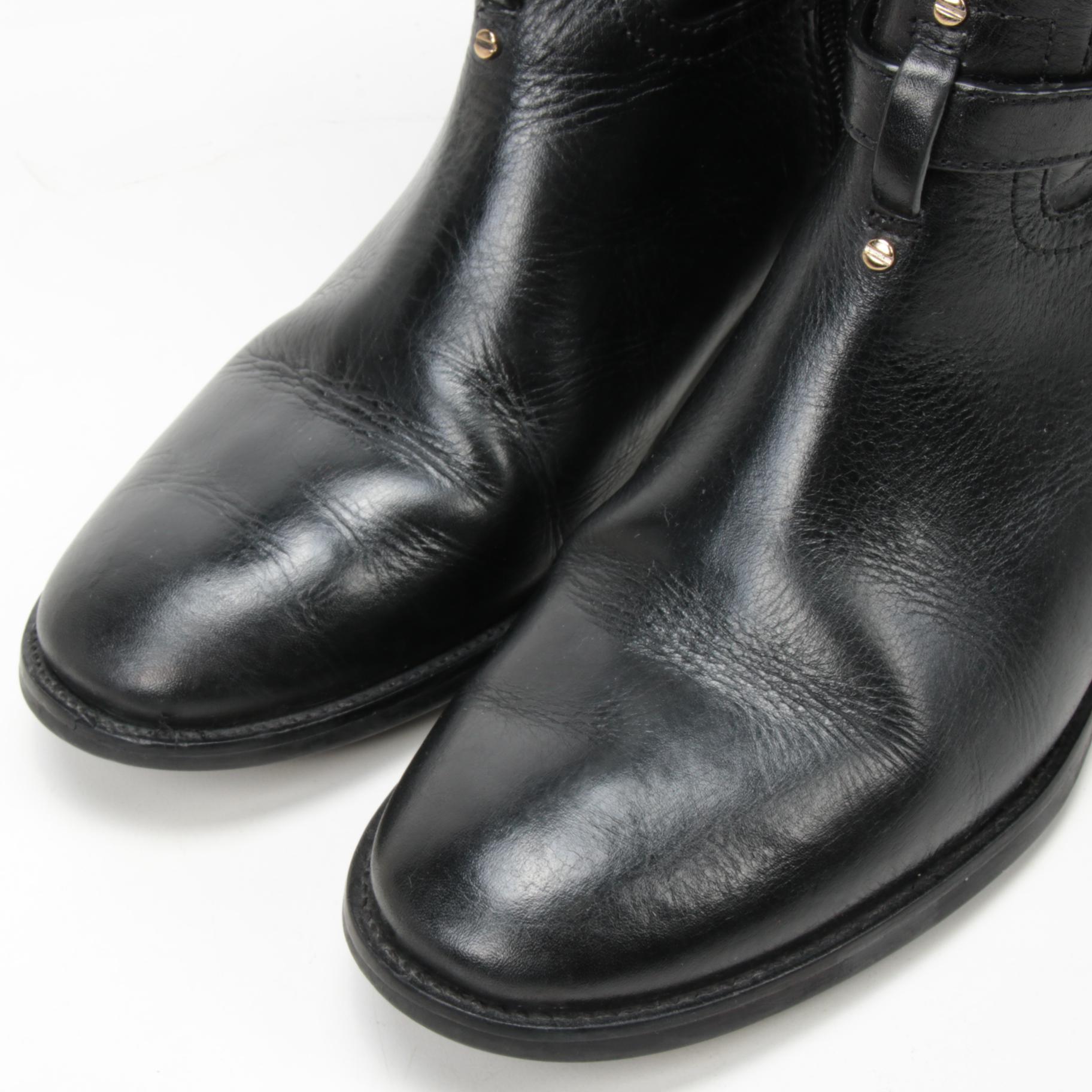 Tory Burch Logo and Buckle Strap Black Leather Calista Riding Boots