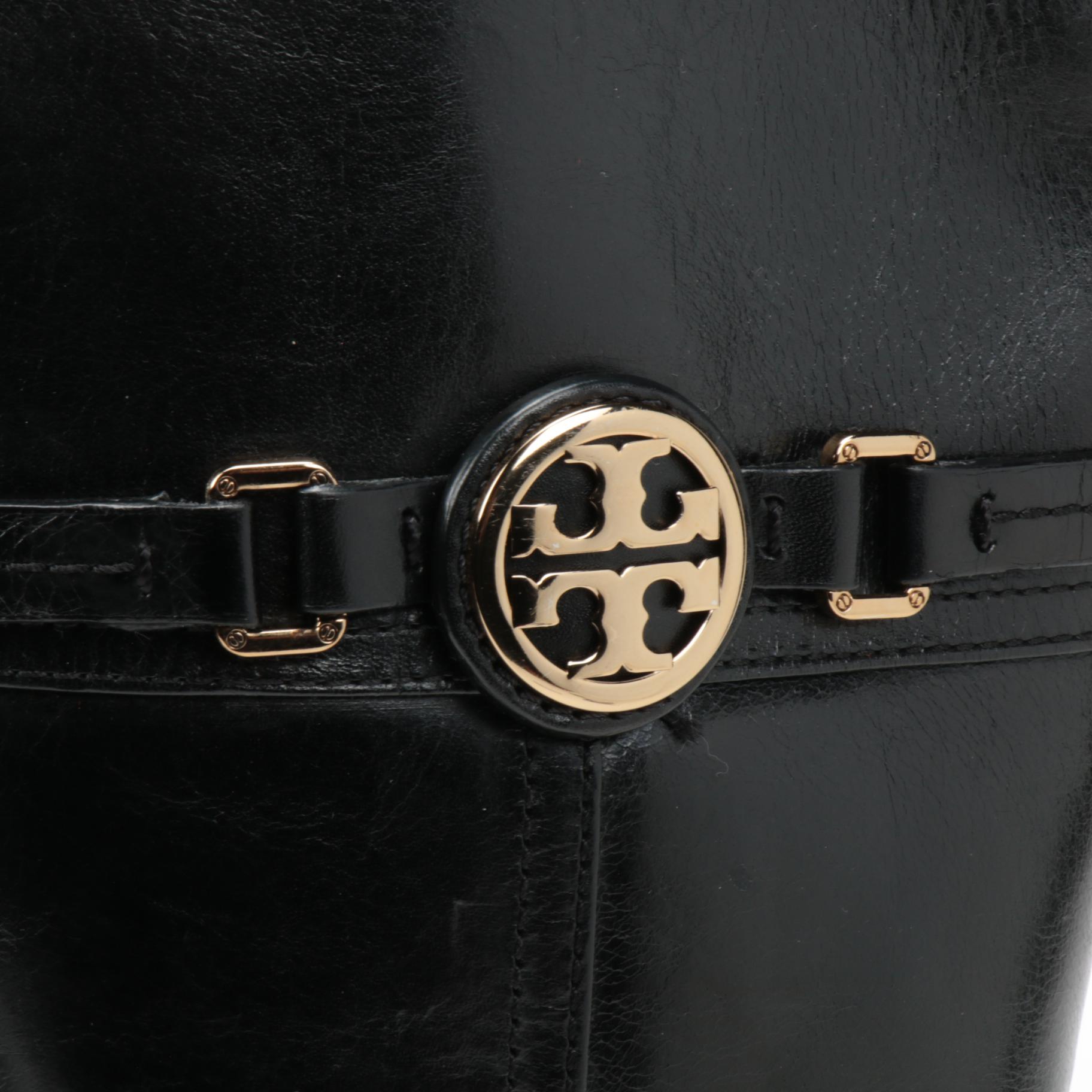 Tory Burch Logo and Buckle Strap Black Leather Calista Riding Boots