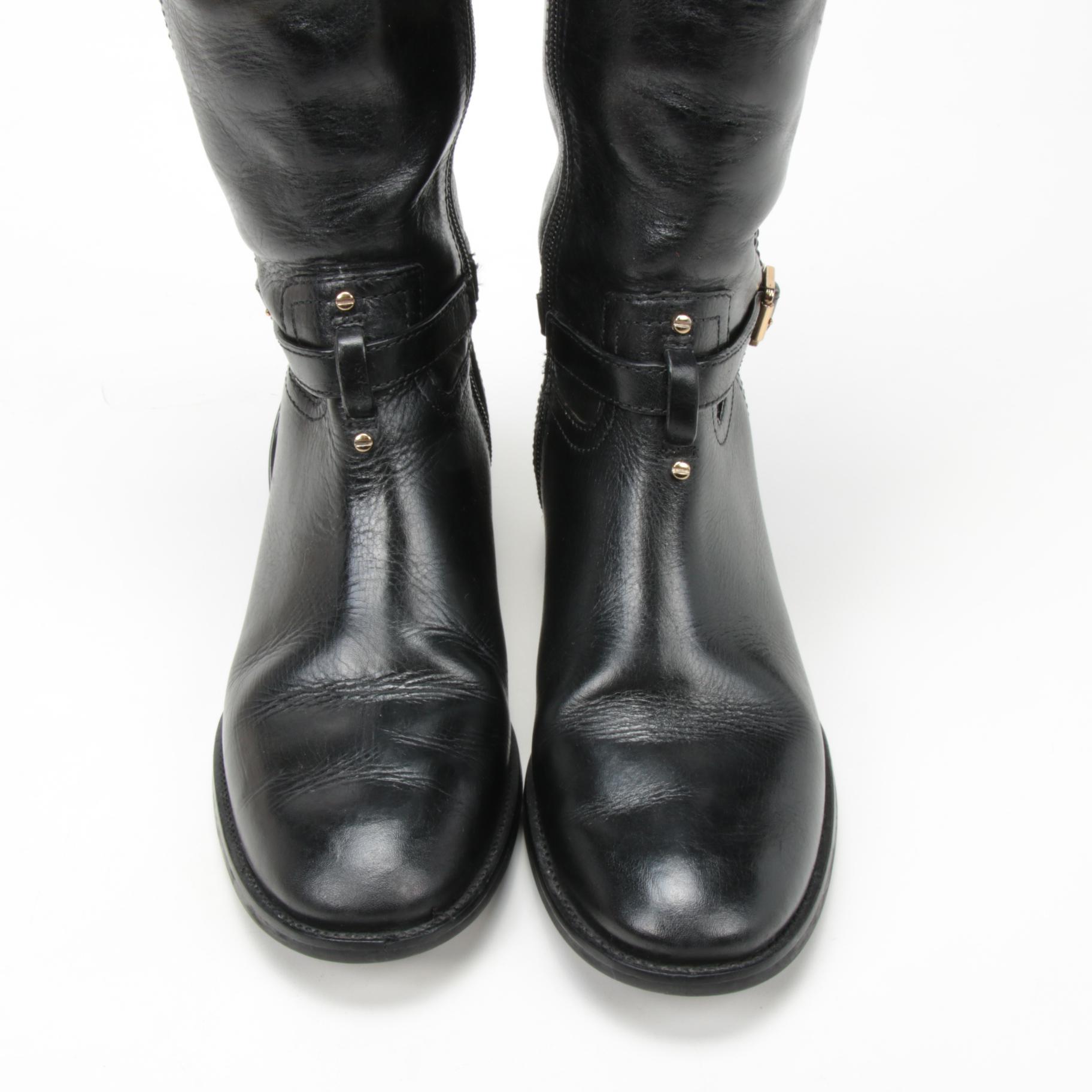 Tory Burch Logo and Buckle Strap Black Leather Calista Riding Boots