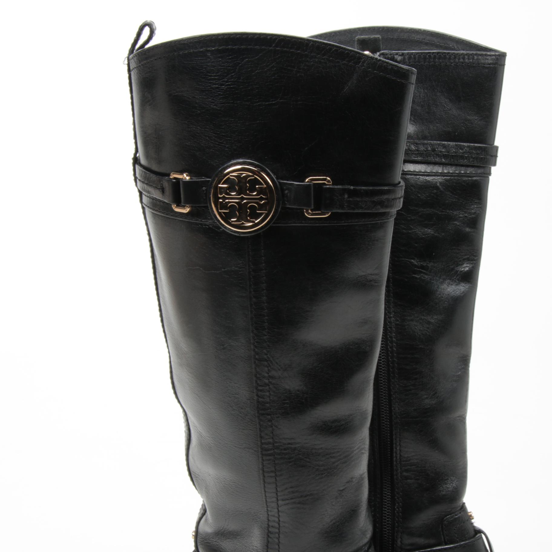 Tory Burch Logo and Buckle Strap Black Leather Calista Riding Boots