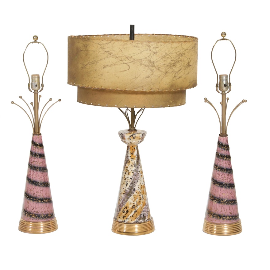 Mid Century Modern Ceramic Table Lamps with Fiberglass Shade