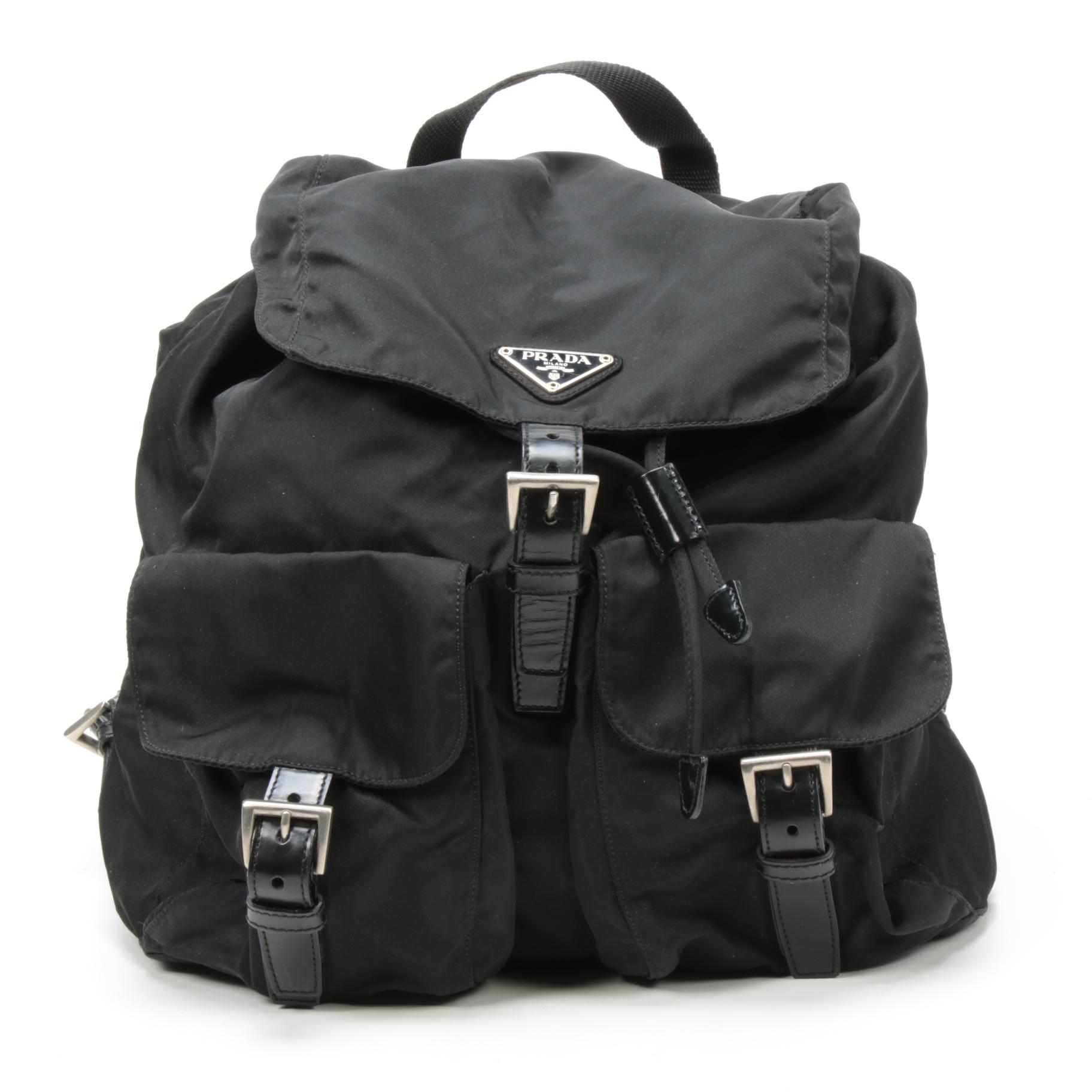 Prada Black Tessuto Nylon and Leather Backpack Purse