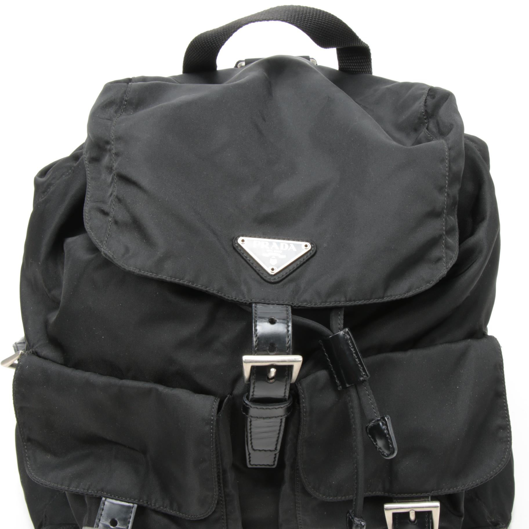 Prada Black Tessuto Nylon and Leather Backpack Purse