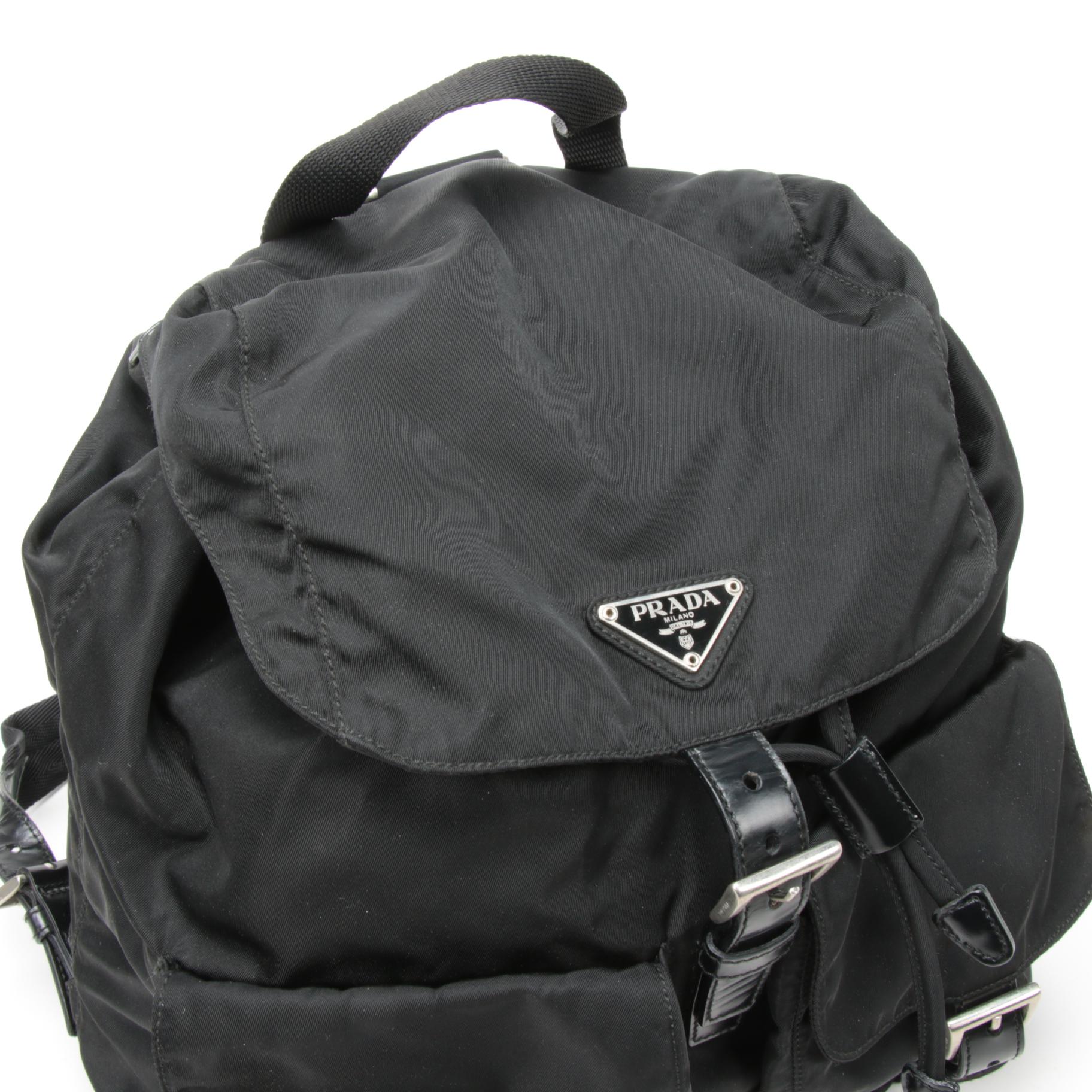 Prada Black Tessuto Nylon and Leather Backpack Purse