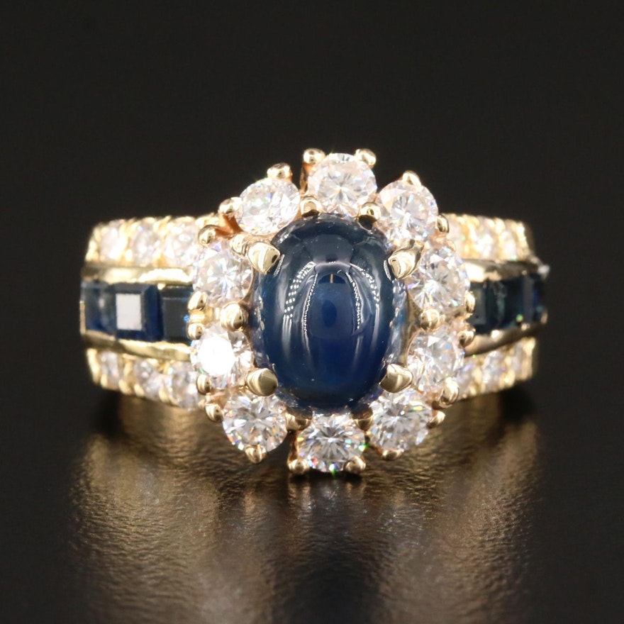 18K Gold Blue Sapphire and 1.56 CTW Diamond Ring with 3.54 CT Center Stone