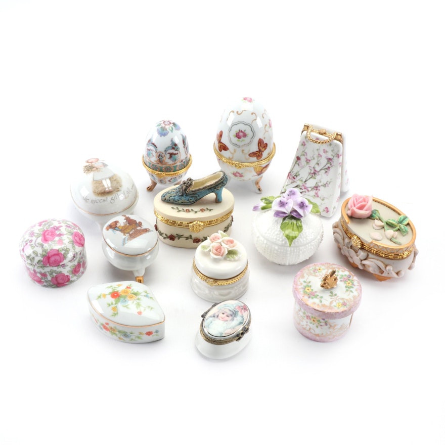 Floral Decorated Hinged and Lidded Porcelain Trinket Box Assortment