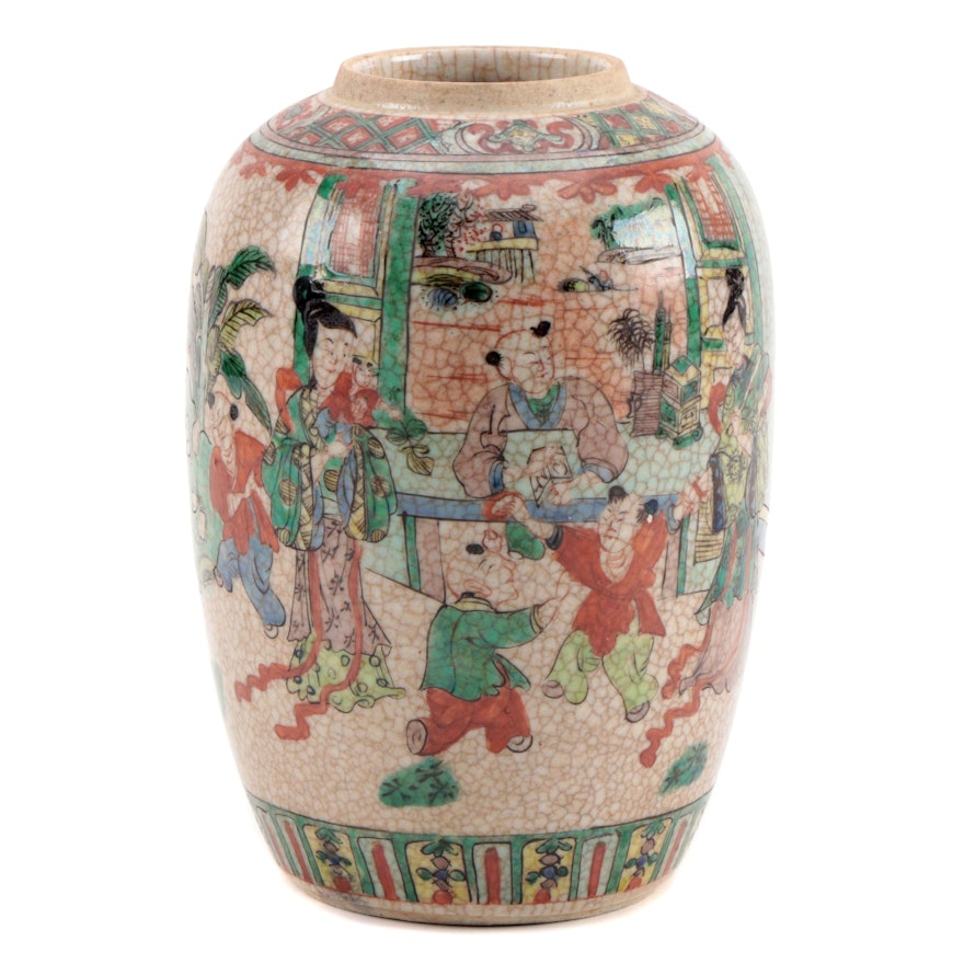 East Asian Crackle Glaze Ceramic Vase with Domestic Family Scene