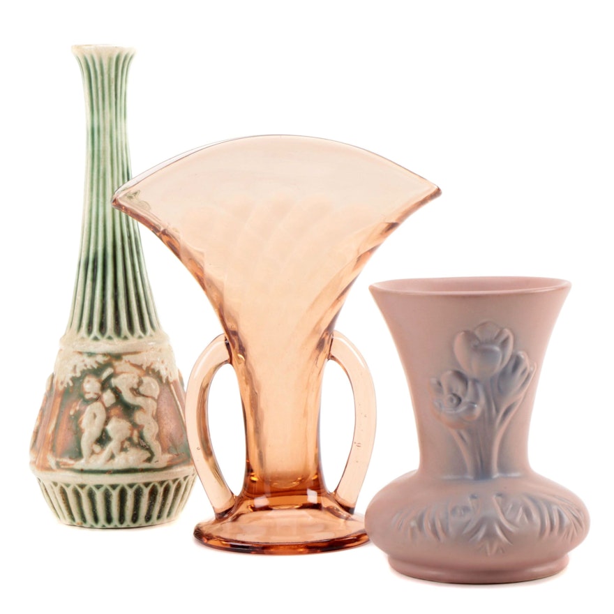 Roseville "Donatello" Vase, Van Briggle Pottery Vase and Blown Glass Vases