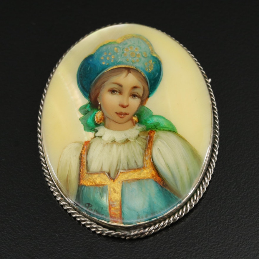 Hand Painted Mother of Pearl Portrait Brooch