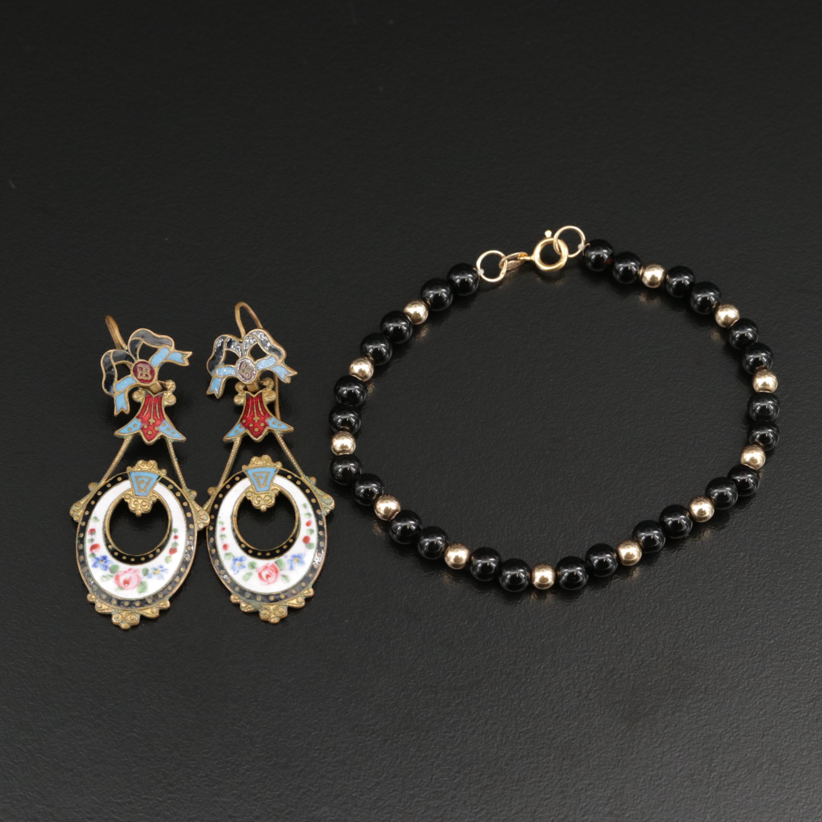 Antique Enamel Drop Earrings With 14K Gold Black Onyx Bead Bracelet