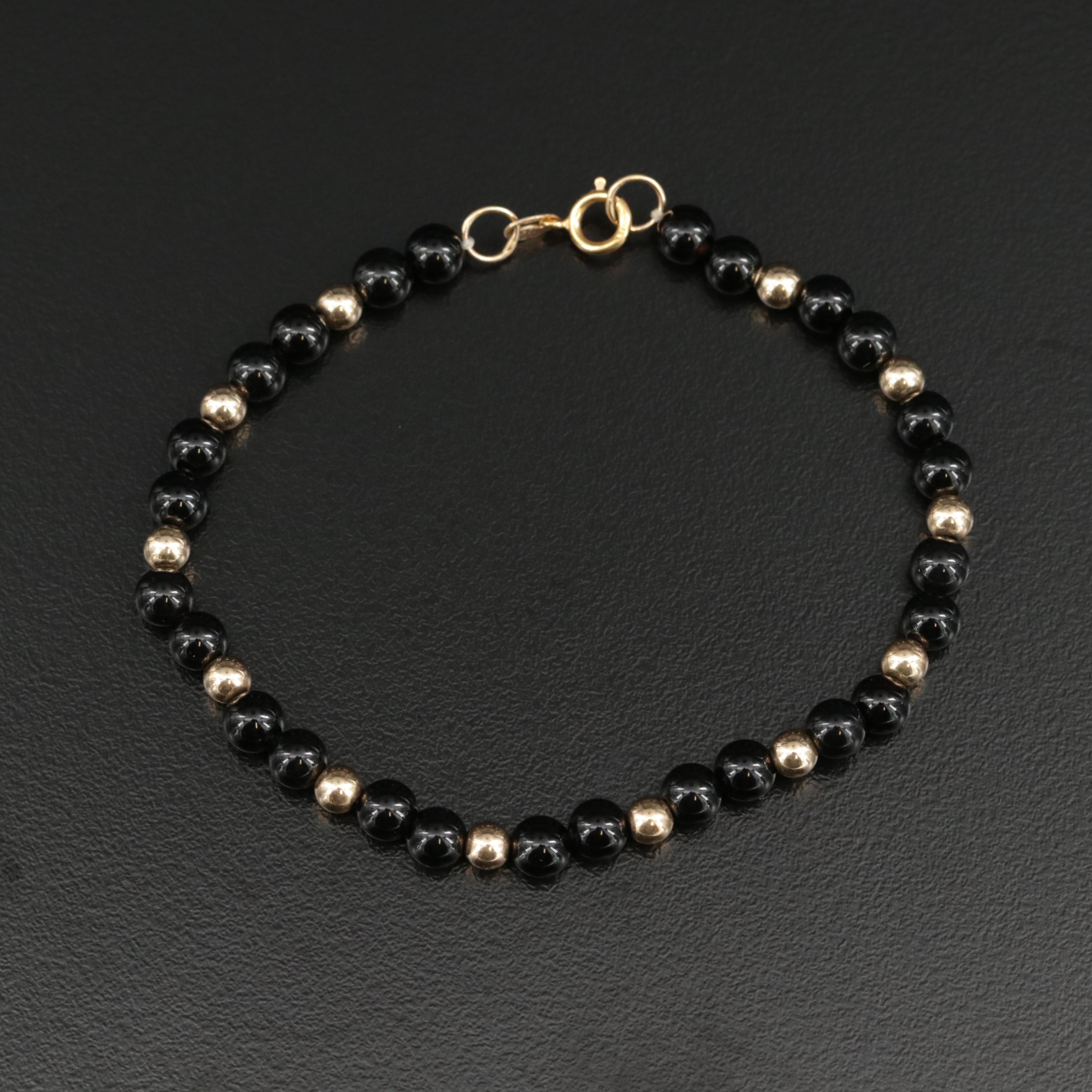 Antique Enamel Drop Earrings With 14K Gold Black Onyx Bead Bracelet