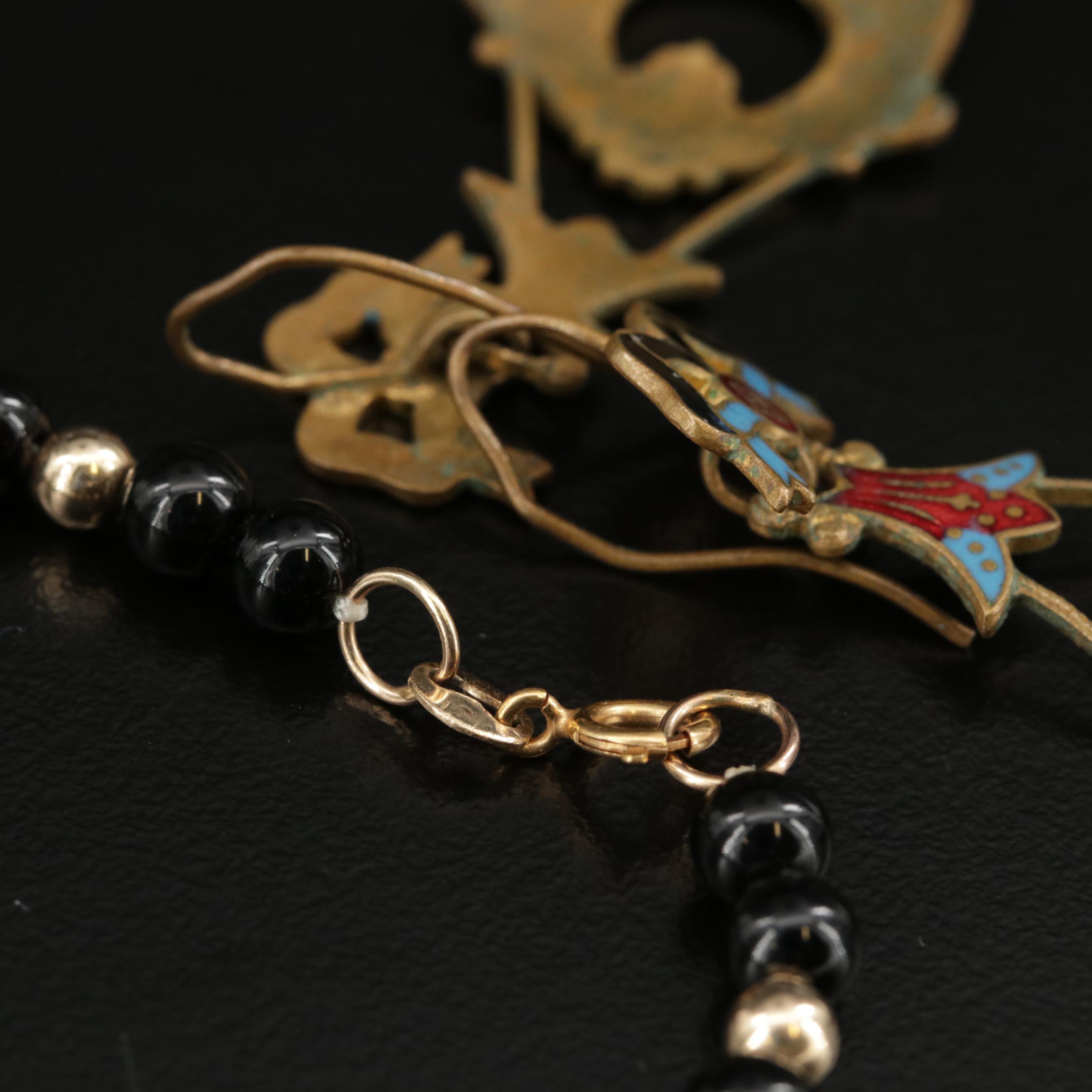 Antique Enamel Drop Earrings With 14K Gold Black Onyx Bead Bracelet