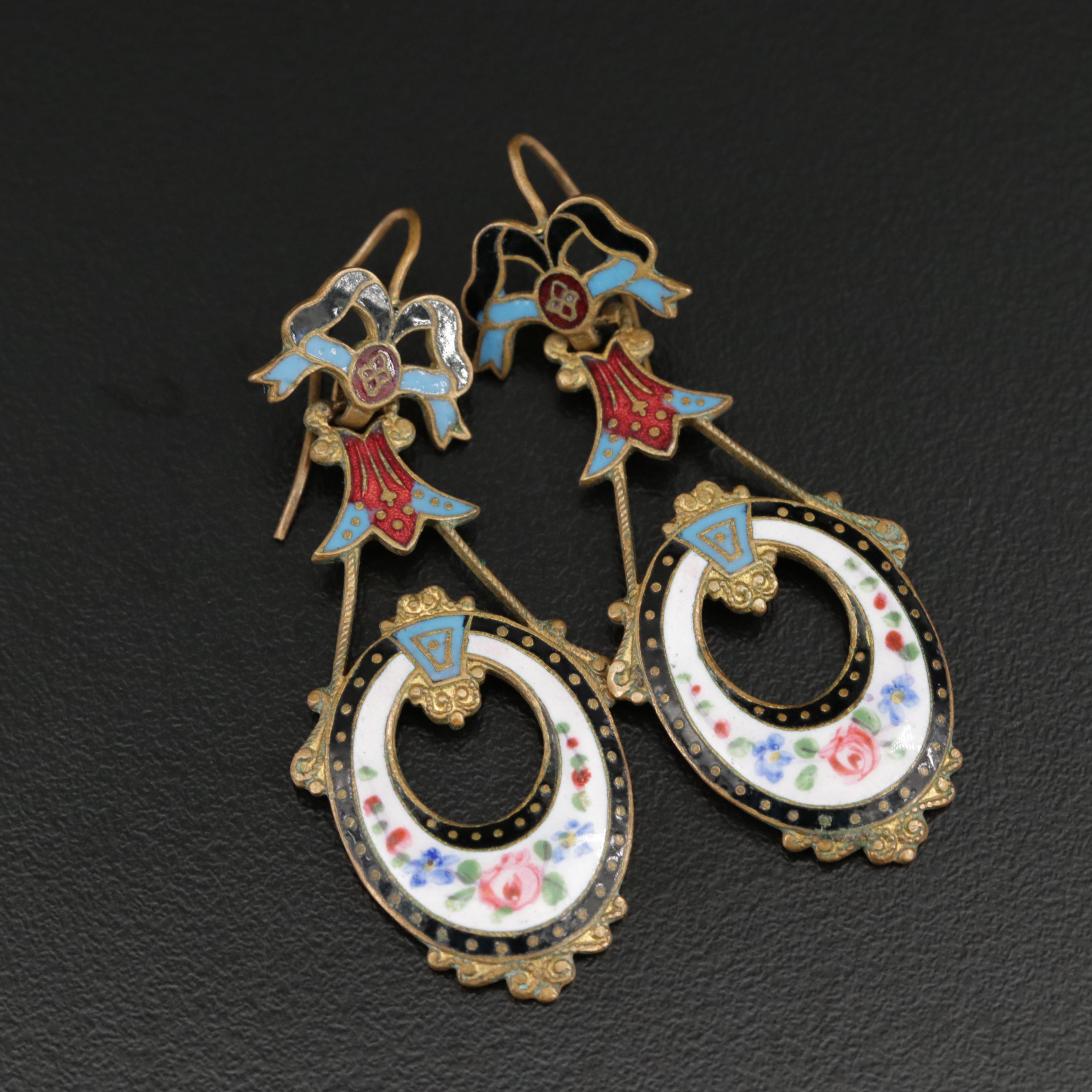 Antique Enamel Drop Earrings With 14K Gold Black Onyx Bead Bracelet