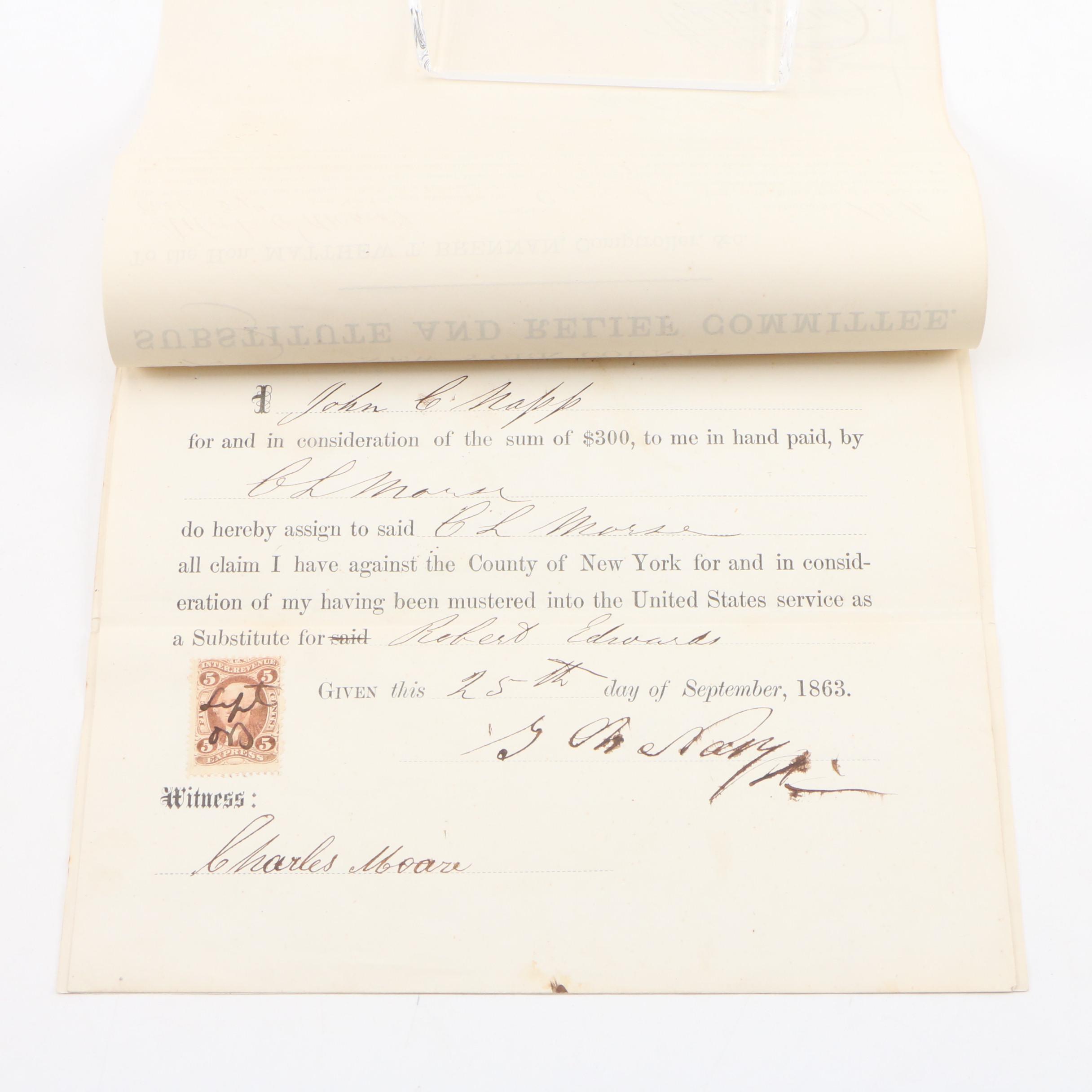 1863 Civil War Draft Substitute Paperwork via "Enrollment Act", New York County