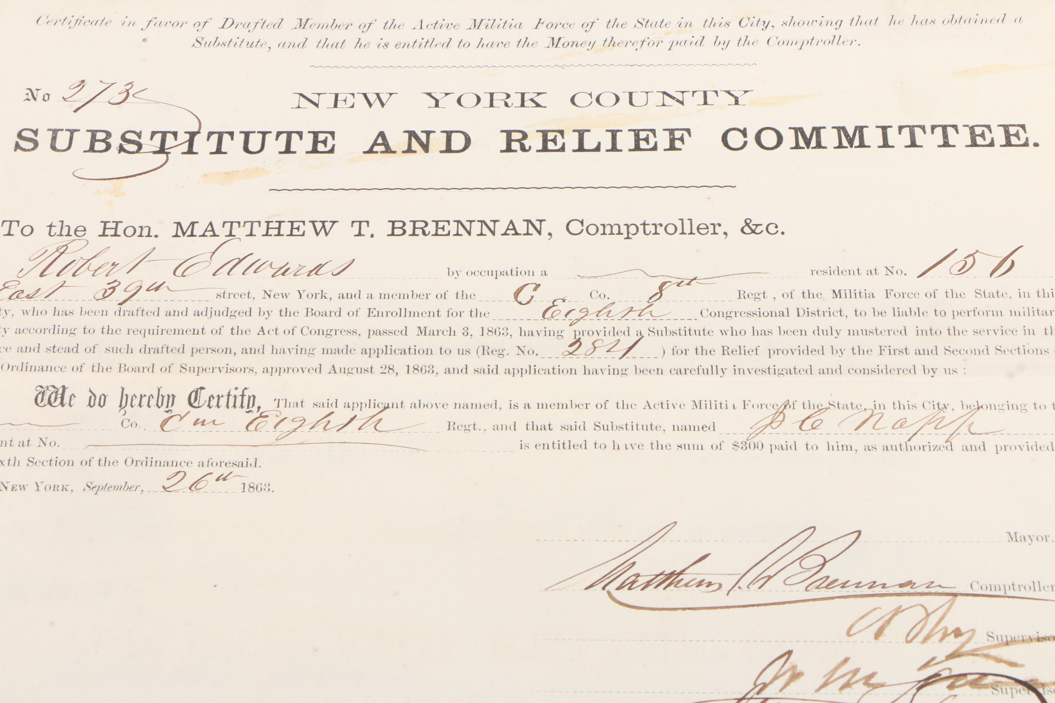 1863 Civil War Draft Substitute Paperwork via "Enrollment Act", New York County