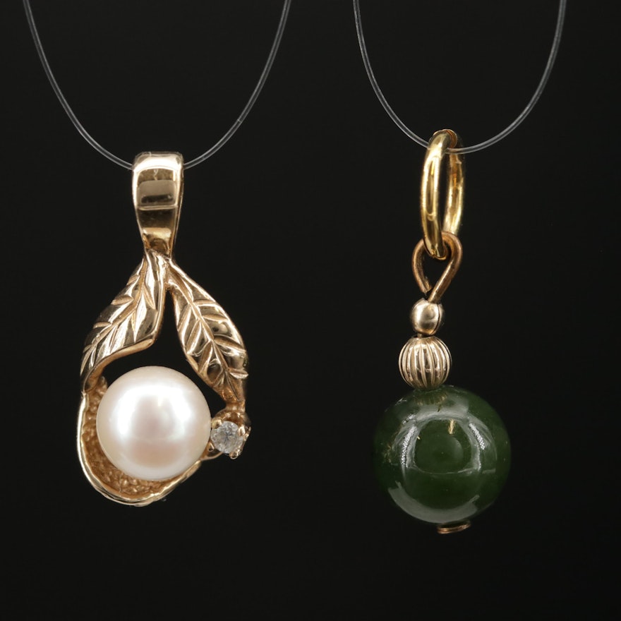 14K Yellow Gold Nephrite, Cultured Pearl, and Diamond Pendants