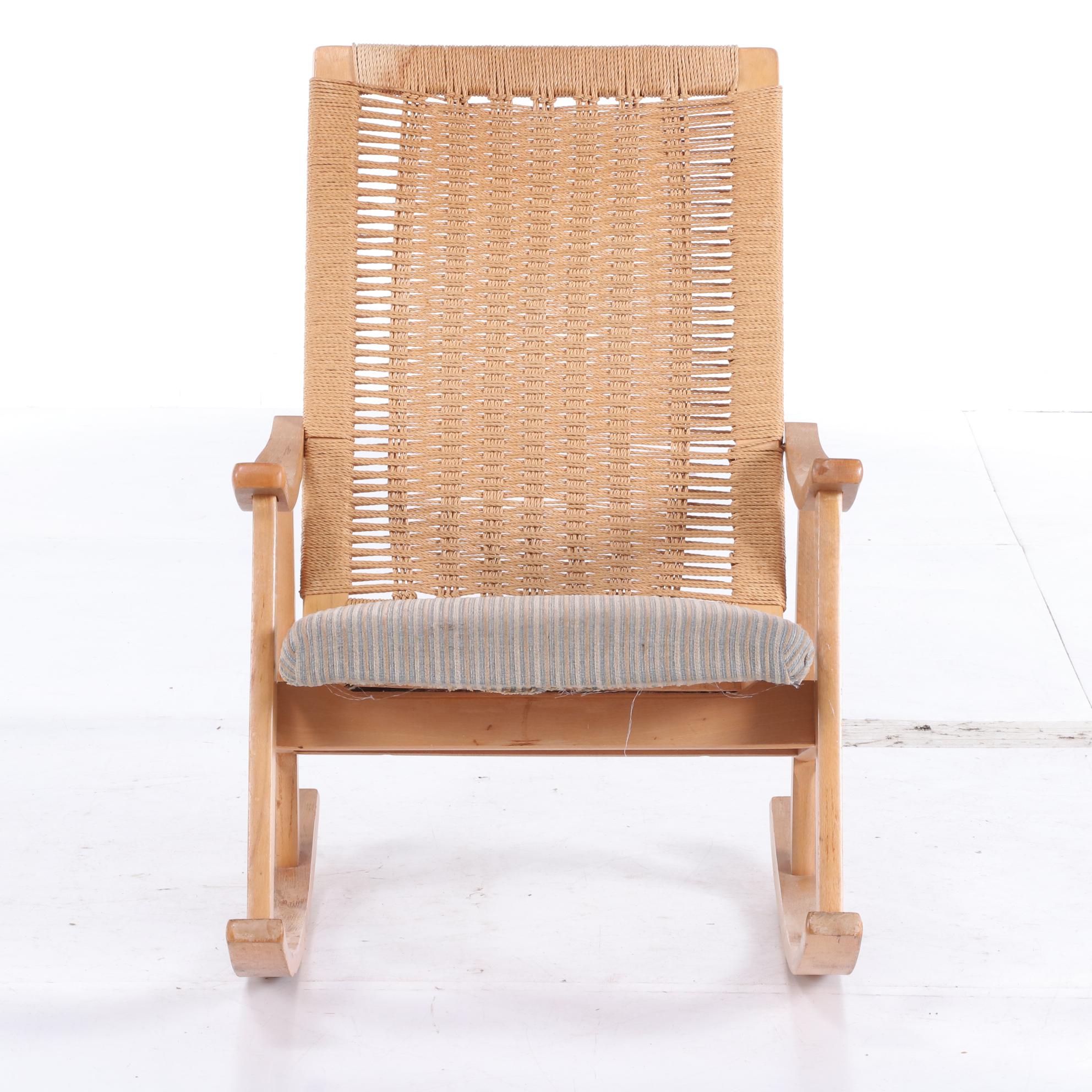 Modernist Beech Rocking Armchair with Woven Cord Back, Second Half 20th Century