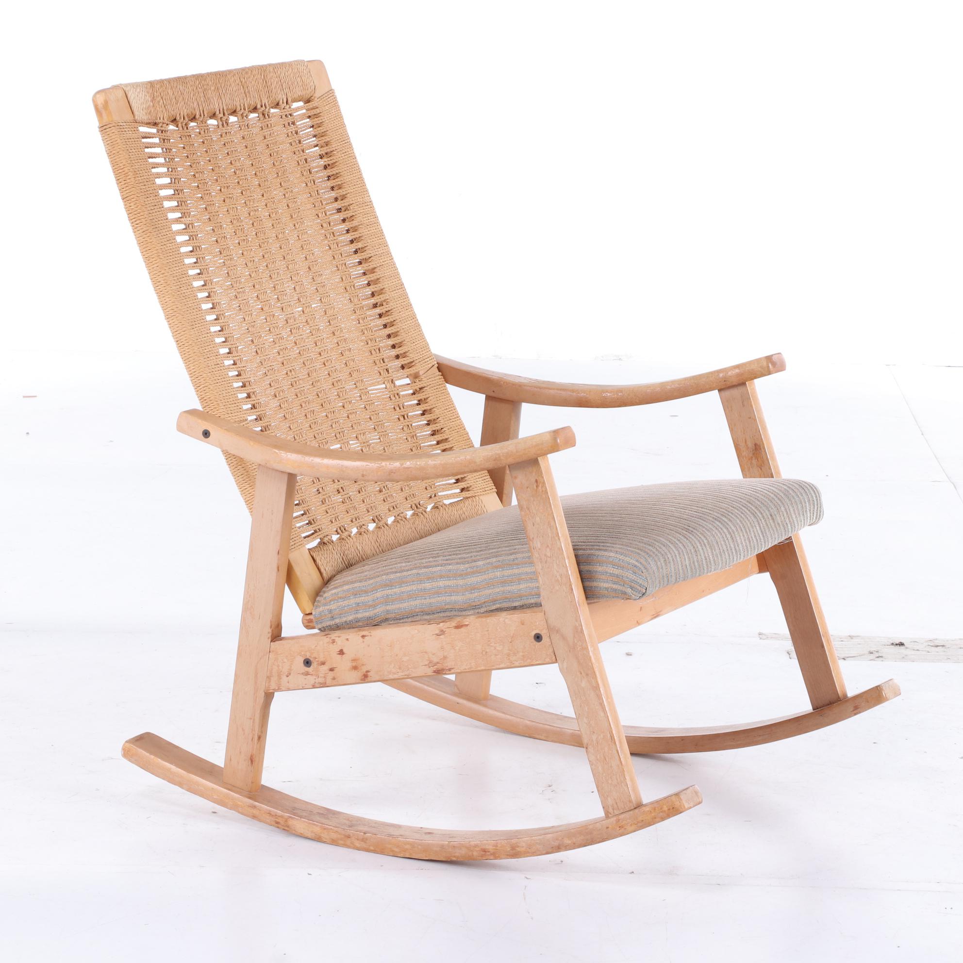 Modernist Beech Rocking Armchair with Woven Cord Back, Second Half 20th Century