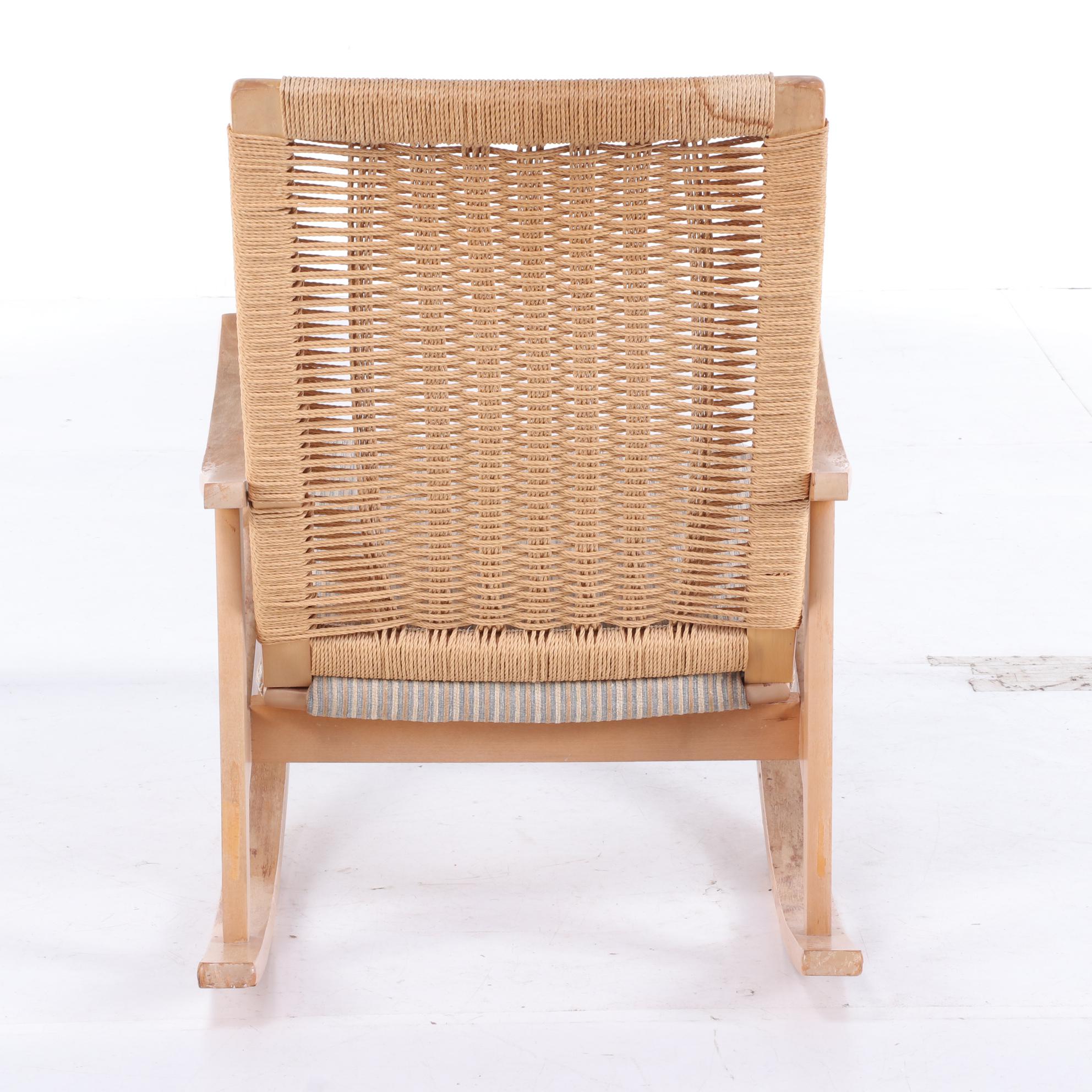 Modernist Beech Rocking Armchair with Woven Cord Back, Second Half 20th Century