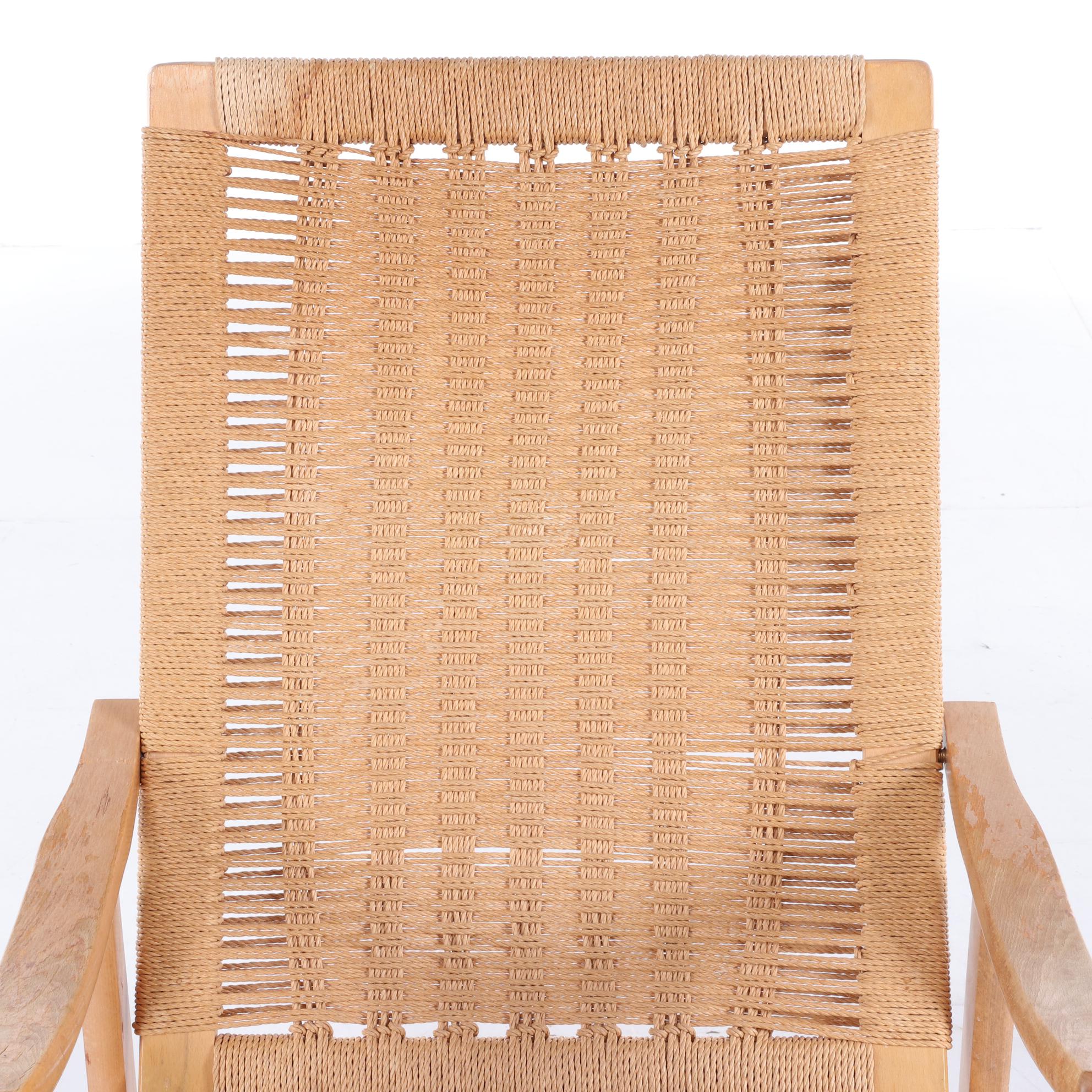 Modernist Beech Rocking Armchair with Woven Cord Back, Second Half 20th Century