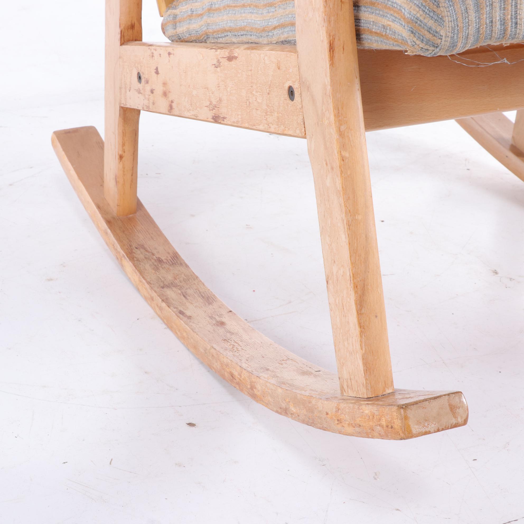 Modernist Beech Rocking Armchair with Woven Cord Back, Second Half 20th Century