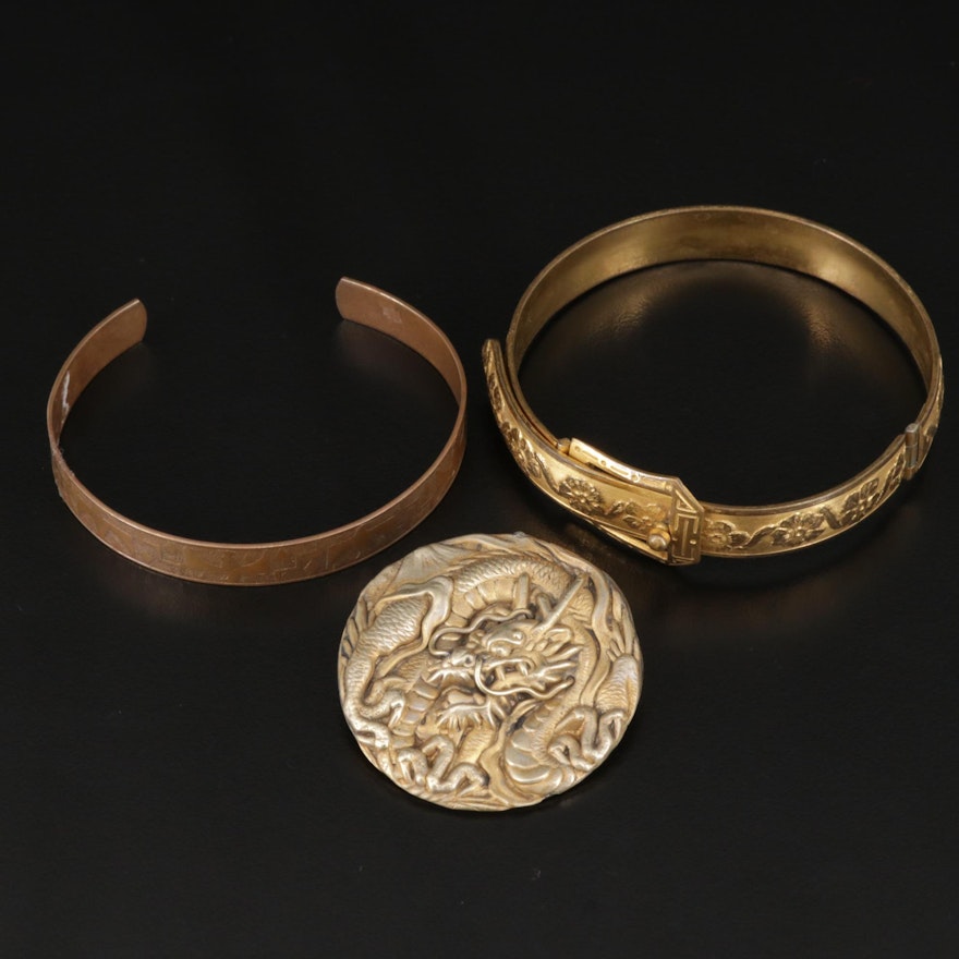 Vintage Cuff and Buckle Bracelets with Japanese Dragon Brooch