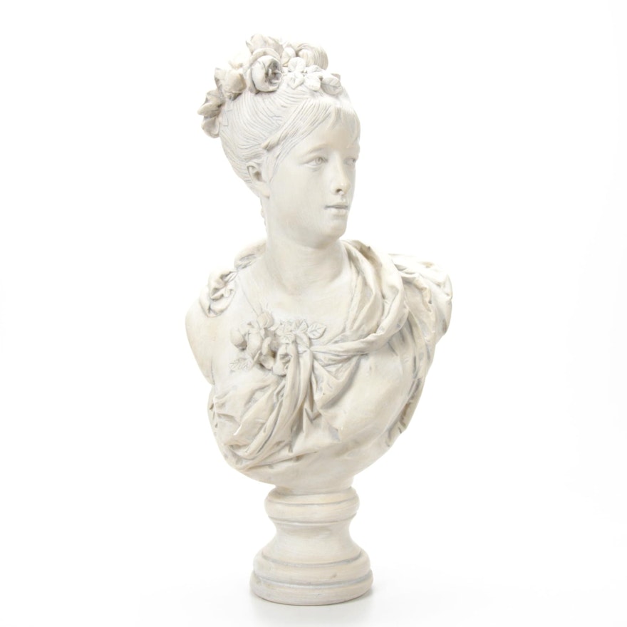Chalkware Bust of Woman with Flowers, 20th Century