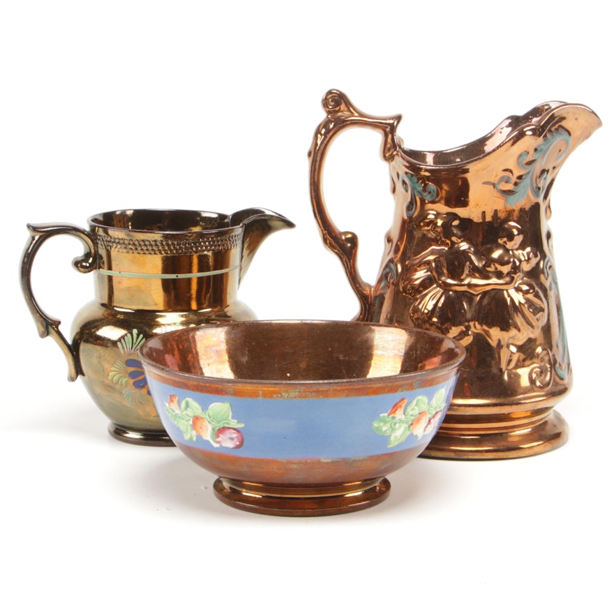 Hand-Painted Copper Luster Pitchers and Bowl