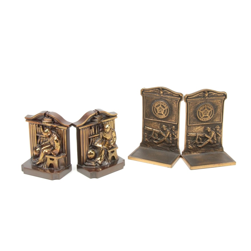 Bronze American Legion and Cast Metal Scholar Bookends