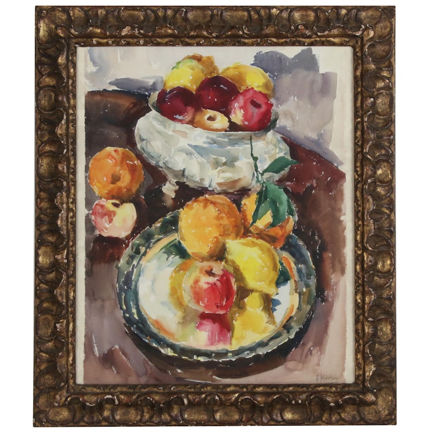 Watercolor Still Life with Bowls of Fruit, 20th Century