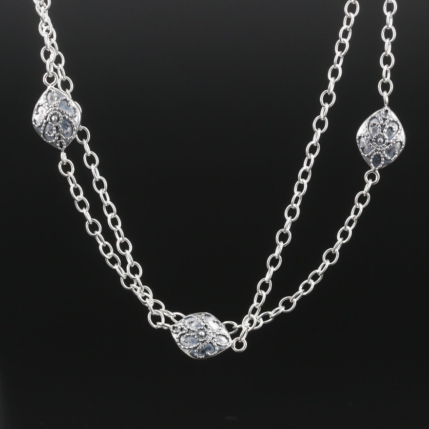 Sterling Silver Double Strand Station Necklace