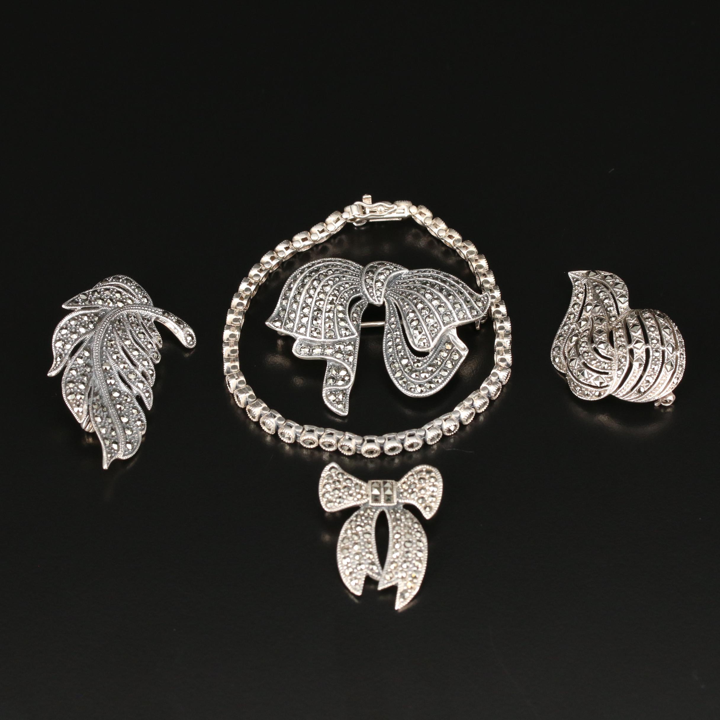 Sterling Silver Marcasite Brooches and Bracelet