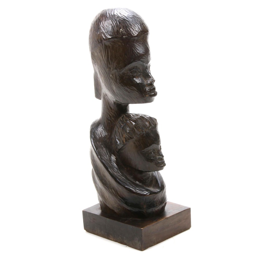 Hand-Carved Wooden Sculpture of Mother and Child