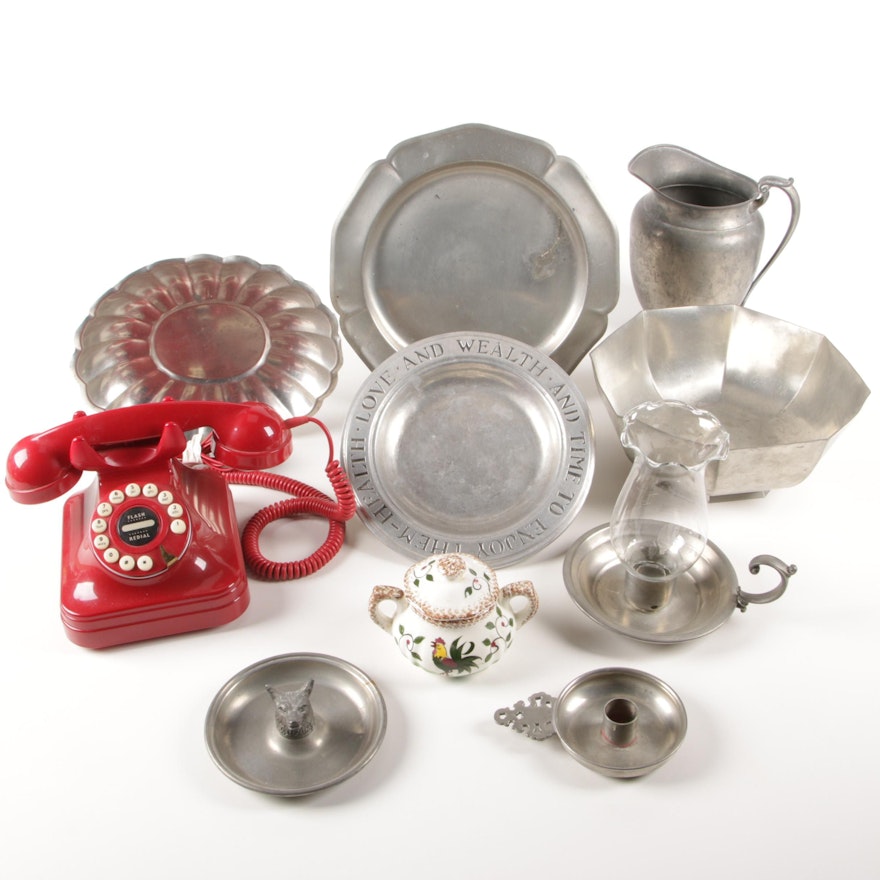 Pewter Chambersticks, Pitcher and Plates with Other Home Décor
