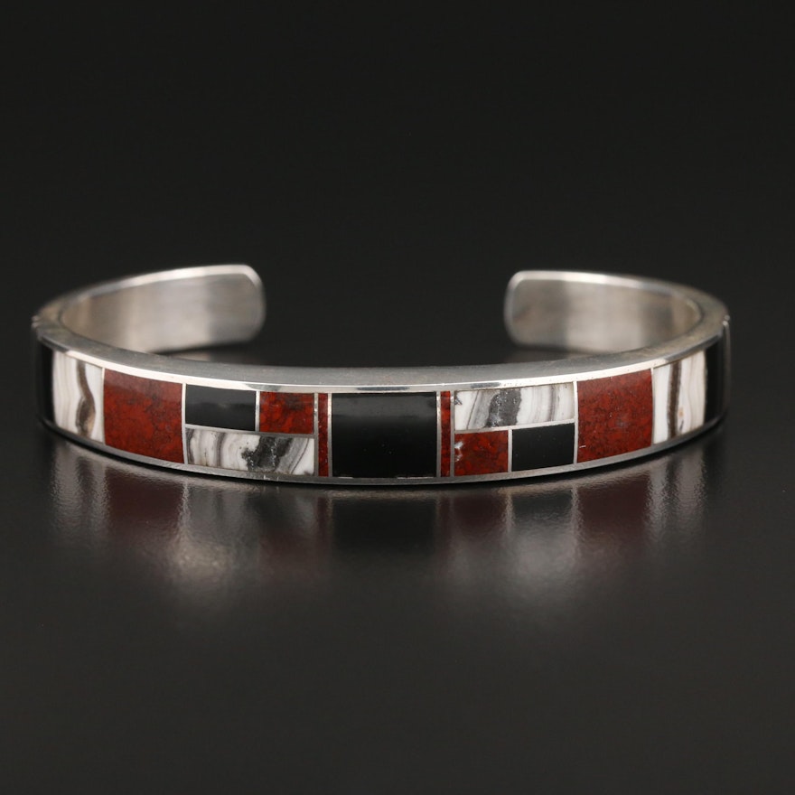 Sterling Jasper, Agate and Jet Inlay Cuff