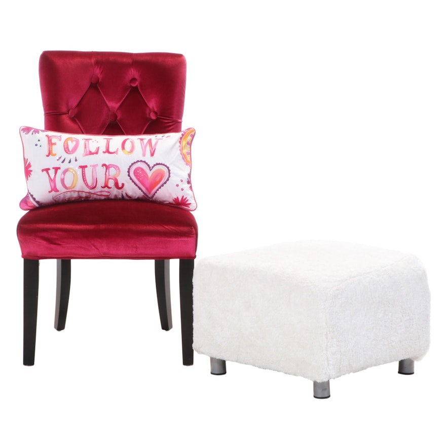 Dark Pink Button-Tufted Side Chair Plus Throw Pillow and Ikea Footstool