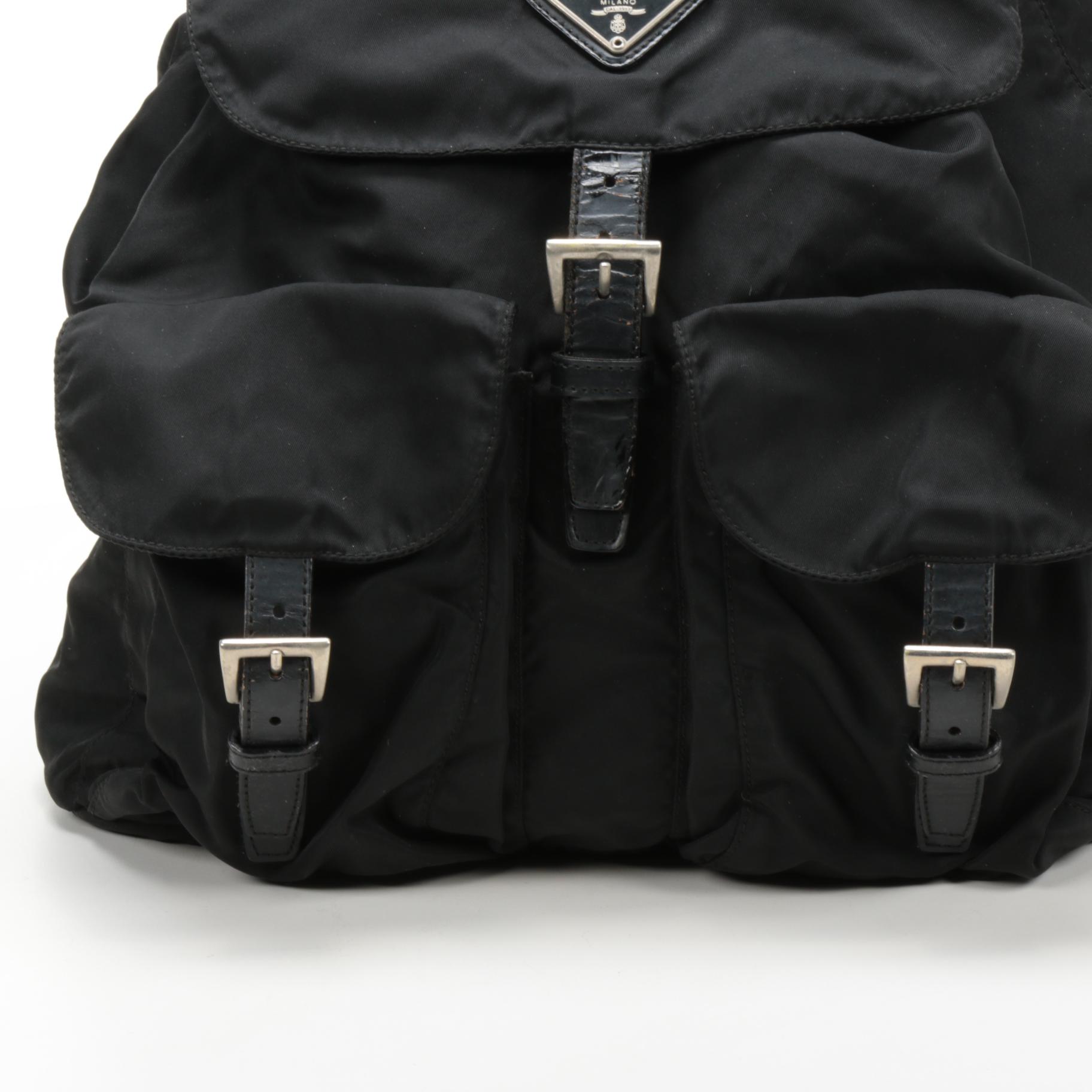 Prada Black Tessuto Nylon and Leather Backpack Purse