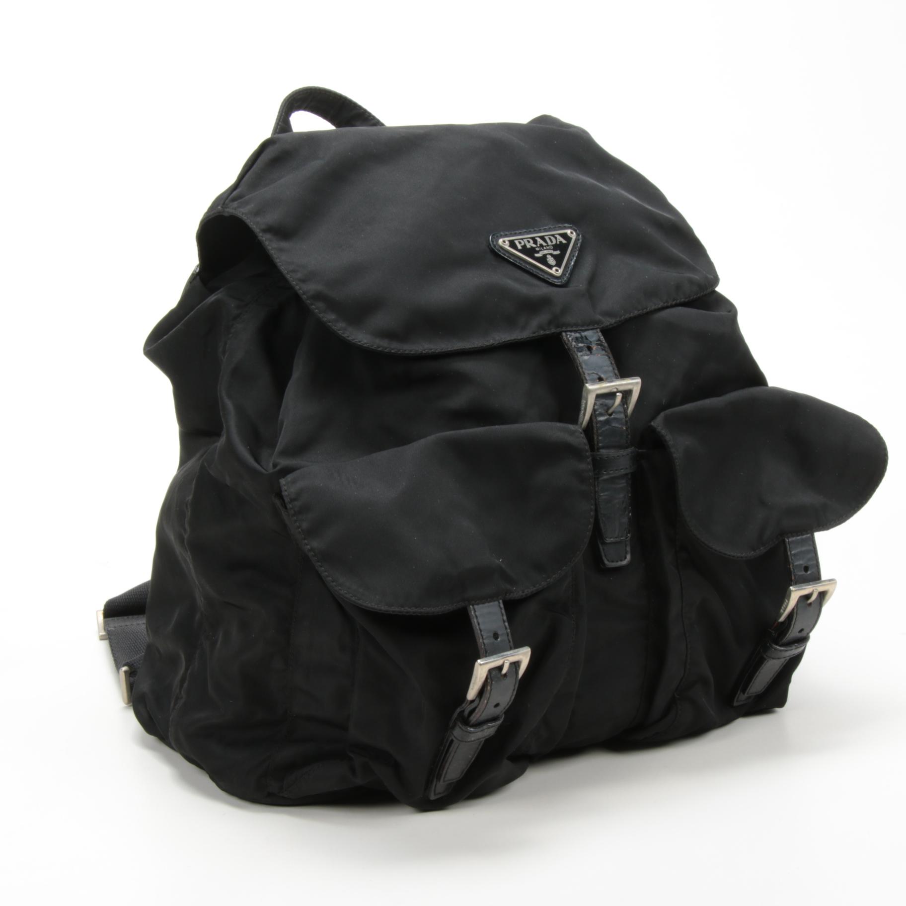 Prada Black Tessuto Nylon and Leather Backpack Purse