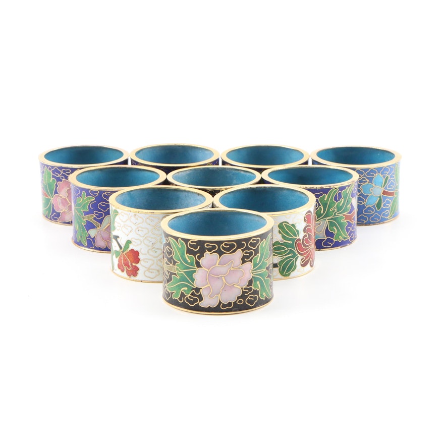 Chinese Cloisonné Napkin Rings with Floral Motif, Mid to Late 20th Century