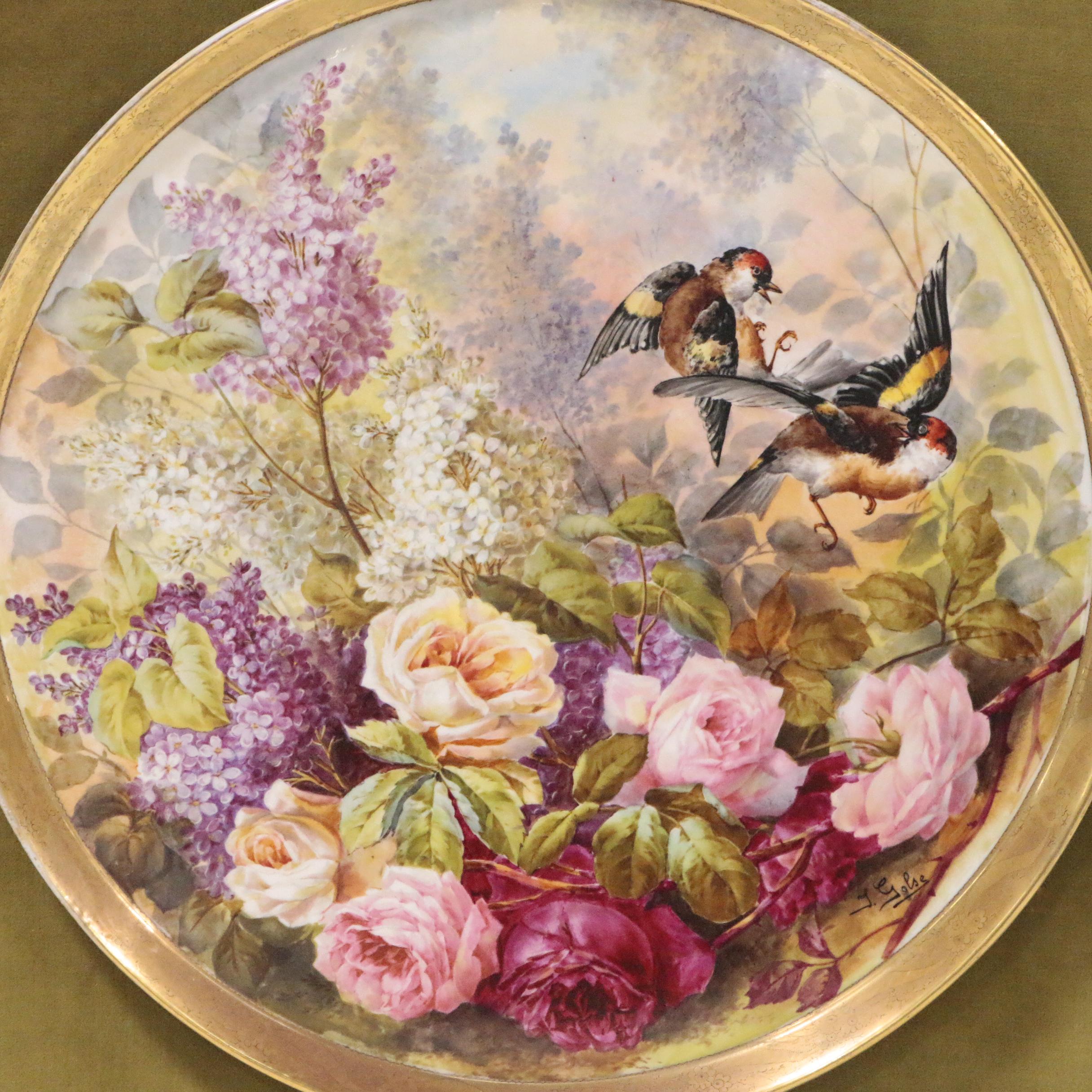 J. Golse Hand-Painted Limoges Plate with Birds and Flowers, Late 19th Century