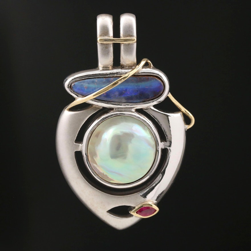 Sterling Boulder Opal and Gemstone Pendant with 18K Accent