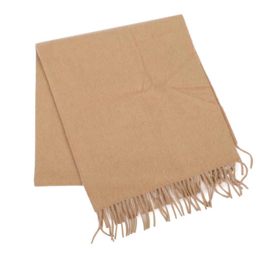 Burberrys Cashmere Fringed Scarf in Camel with Embroidered Logo