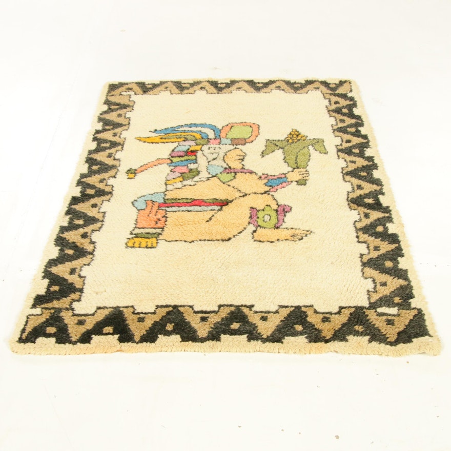 3'4 x 4'11 Hand-Knotted European Mesoamerican Style Pictorial Rug, 1960s