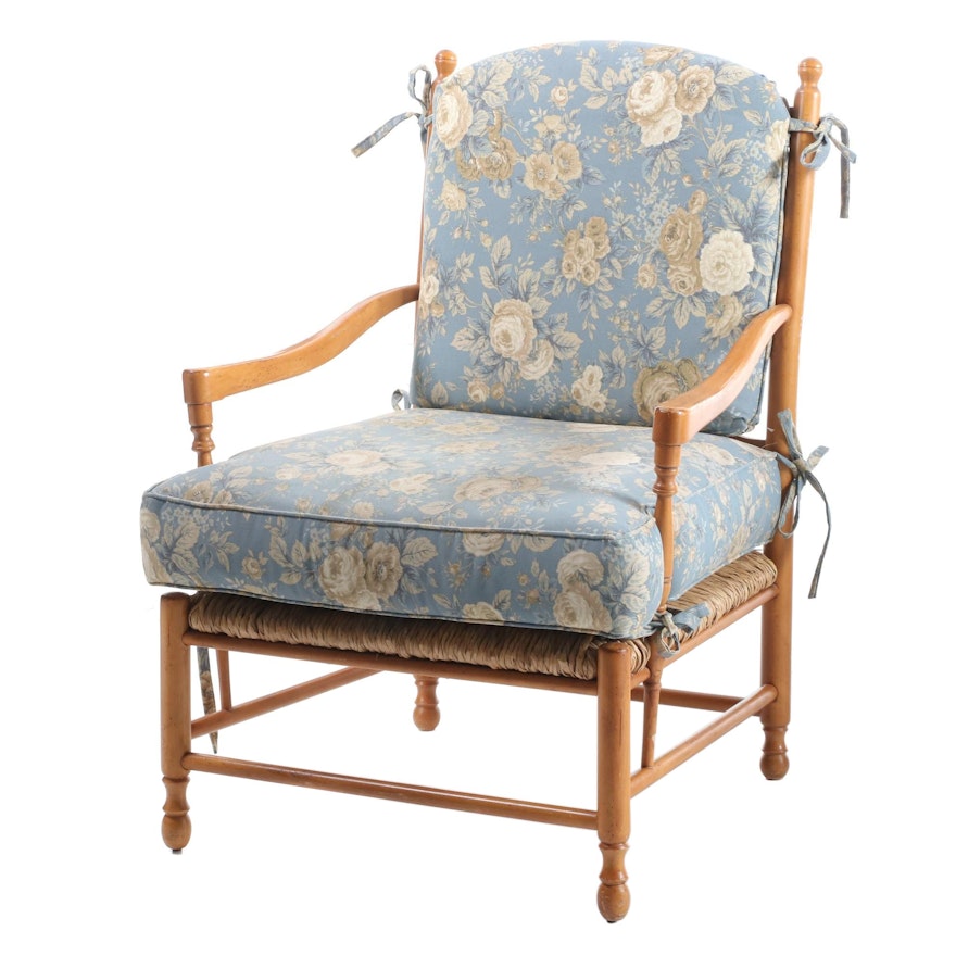 French Provincial Style Beech Armchair with Fitted Cushions, Late 20th Century